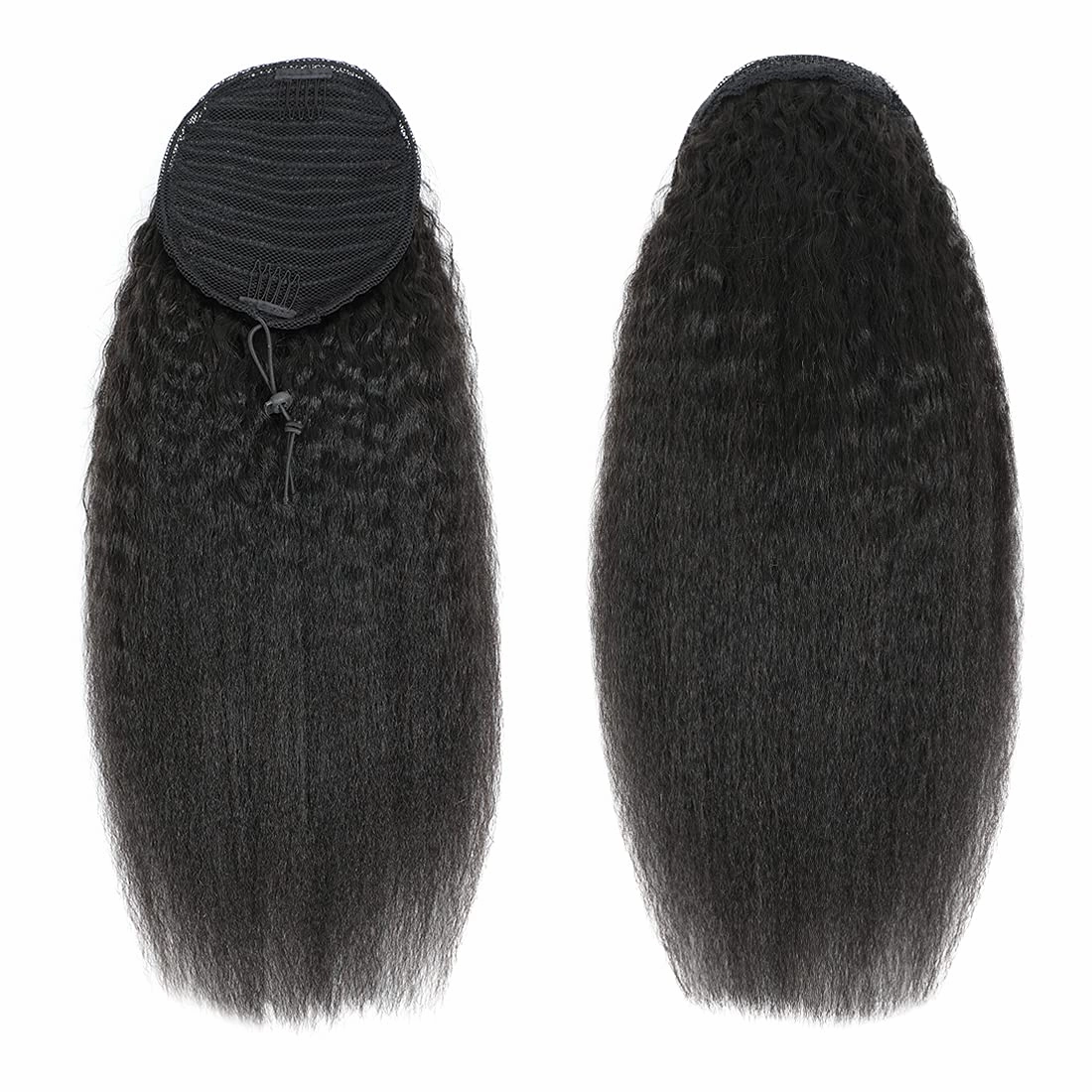Wrap Drawstring 100 Human Hair Ponytail Extensions 18 Inch Afro Kinky Straight Italian Yaki Curly Top Closure Clip Ins Ponytail Human Hair Extensions for Black Women 120gram/set (18", Kinky straight)