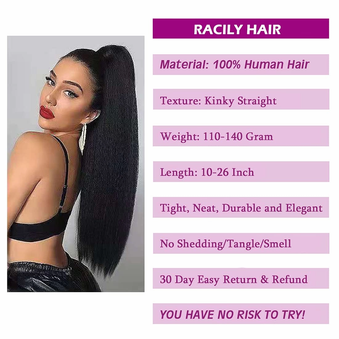 Wrap Drawstring 100 Human Hair Ponytail Extensions 18 Inch Afro Kinky Straight Italian Yaki Curly Top Closure Clip Ins Ponytail Human Hair Extensions for Black Women 120gram/set (18", Kinky straight)