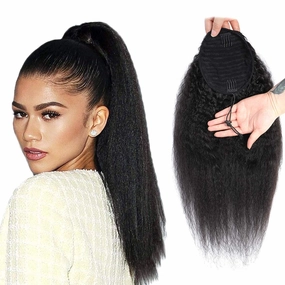Wrap Drawstring 100 Human Hair Ponytail Extensions 18 Inch Afro Kinky Straight Italian Yaki Curly Top Closure Clip Ins Ponytail Human Hair Extensions for Black Women 120gram/set (18", Kinky straight)