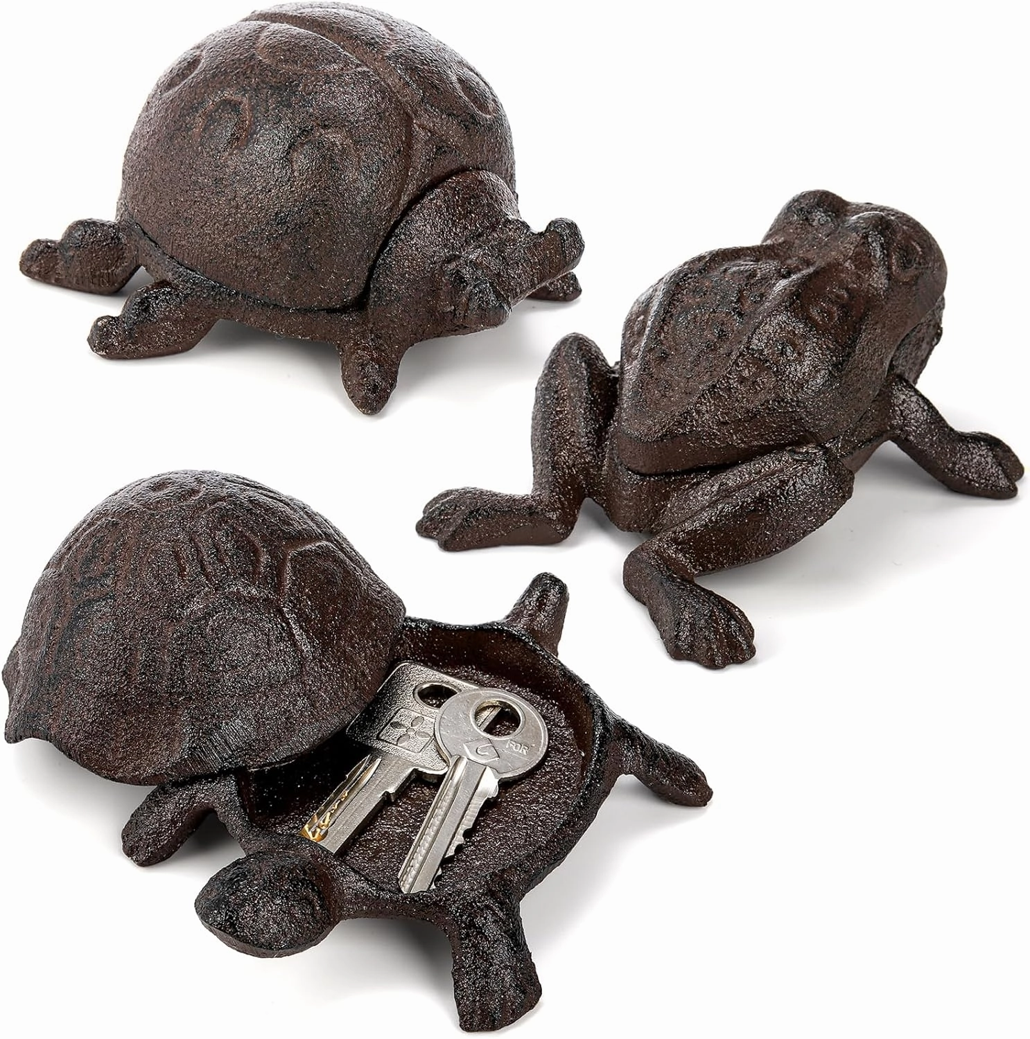 WUWEOT Cast Iron Key Hider Outside Set of 3, Outdoor Spare Key Holder, Secret One Key Hider, Garden Decoration Small Statues Ornament (Turtle Frog Ladybug)