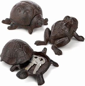 WUWEOT Cast Iron Key Hider Outside Set of 3, Outdoor Spare Key Holder, Secret One Key Hider, Garden Decoration Small Statues Ornament (Turtle Frog Ladybug)
