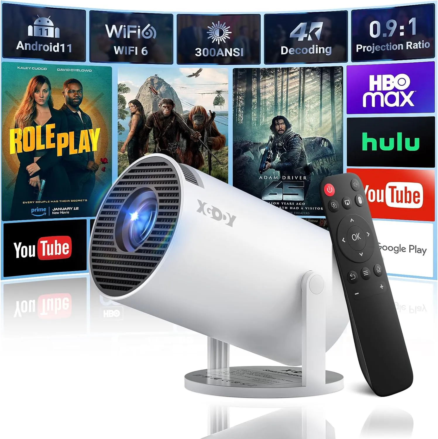 XGODY G3 Smart Mini Portable Projector with Wifi and Bluetooth, Native 1080p, Android 11.0 , Portable Projector 4k, 1 Count