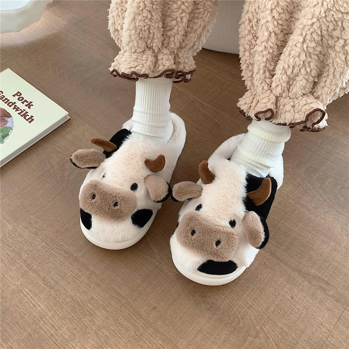 XIXITIAO Slippers For Women,Cow Slippers,Womens Fuzzy Slippers,Cute Animal Cartoon Fluffy Plush House Slippers For Women Men Indoor
