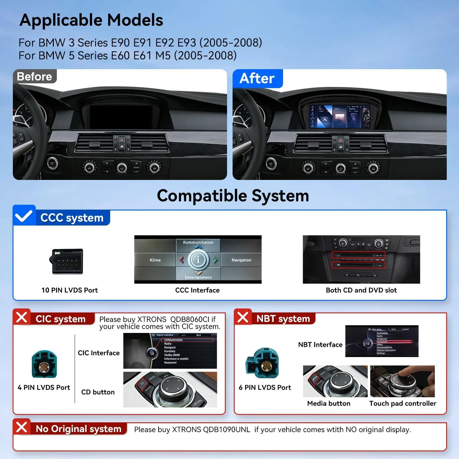 XTRONS 8.8 Inch Android 14 Car Stereo for BMW 3 Series E90-E93 / 5 Series E60 E61 M5 (2005-2008) CCC System, IPS Touch Screen 4 64GB Car Radio GPS Navigation Support Wireless CarPlay Android Auto