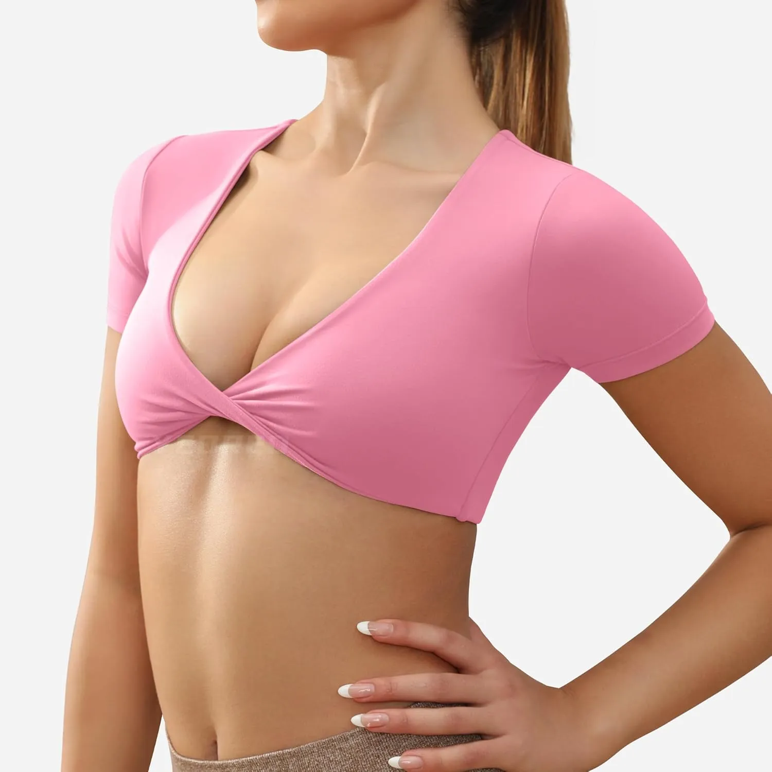 YEOREO Kyla Workout Crop Tops for Women Short Sleeve Twist Front Crop Tank Top Padded Sports Bra Casual Shirts