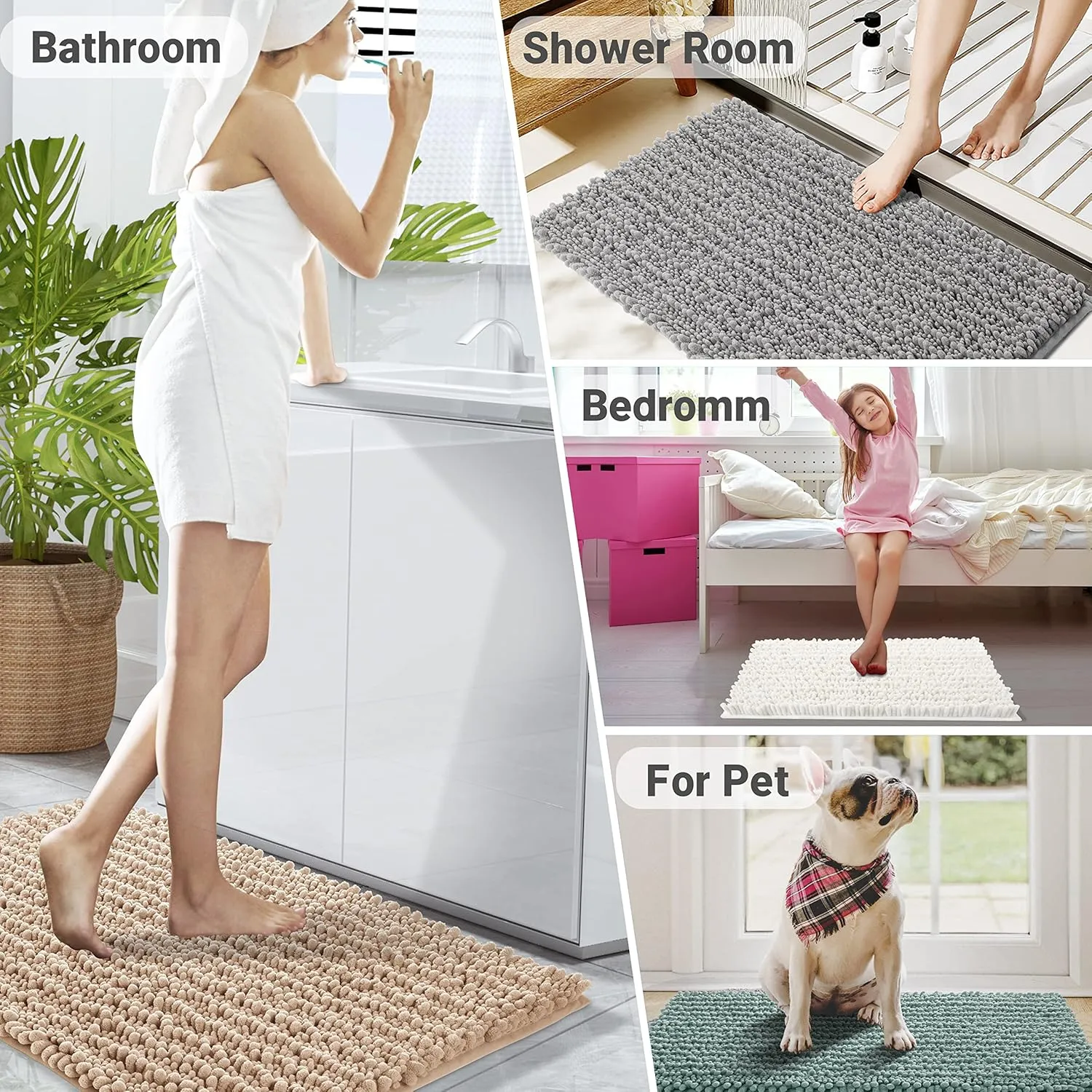 Yimobra Bathroom Rugs Sets 3 Piece, Fluffy Plush Chenille Baht Room Mats Sets with Toilet Rug U Shaped, Soft Shaggy Absorbent Non Slip Shower Rug for Sink, Laundry Room Mat, Machine Washable, Camel