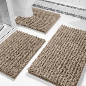 Yimobra Bathroom Rugs Sets 3 Piece, Fluffy Plush Chenille Baht Room Mats Sets with Toilet Rug U Shaped, Soft Shaggy Absorbent Non Slip Shower Rug for Sink, Laundry Room Mat, Machine Washable, Camel