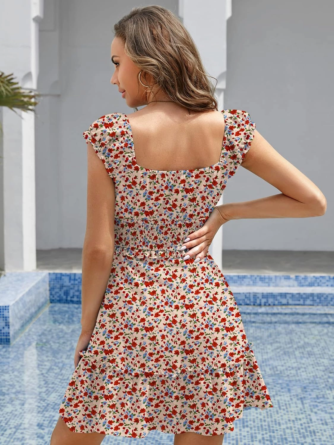 YOBECHO Womens Summer Ruffle Sleeve Sweetheart Neckline Printing Dress Mini Dresses