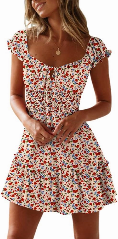 YOBECHO Womens Summer Ruffle Sleeve Sweetheart Neckline Printing Dress Mini Dresses