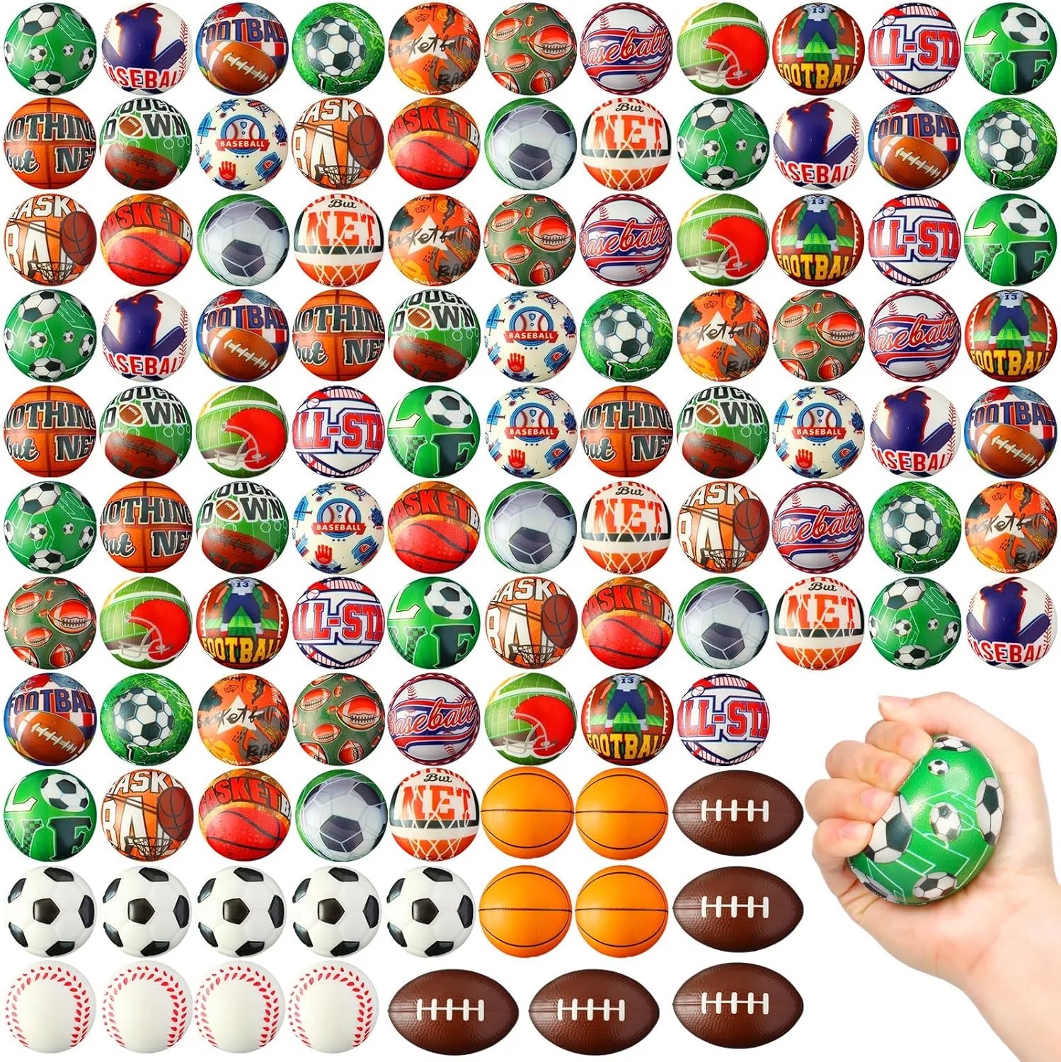 Yunsailing 108 Pcs Mini Sports Stress Balls Bulk 2.4'' Foam Soccer, Basketball, Football, Baseball Squeeze Stress Balls for Anxiety Relief Sports Themed Birthday Party Favor Prize