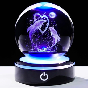 YWHL 3D Dolphin Figurines Crystal Ball with Colorful Light Base, Dolphin Gifts for Women Men on Birthday, Laser Engraved Glass Collectibles Sphere for Home Decor (80mm)