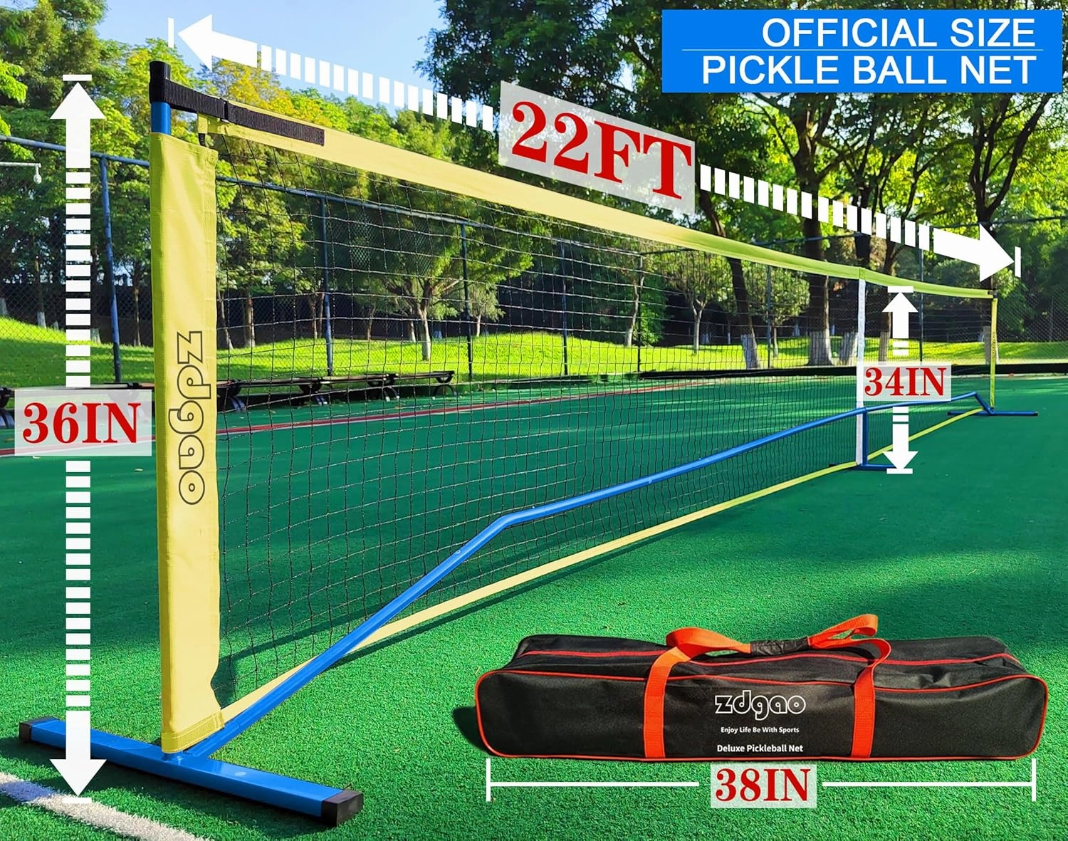 Zdgao Pickleball Net for Driveway with 22FT Regulation Size Pickleball Net, 4 Outdoor Pickleballs and Carry Bag, Weather Resistance Strong Steel Frame