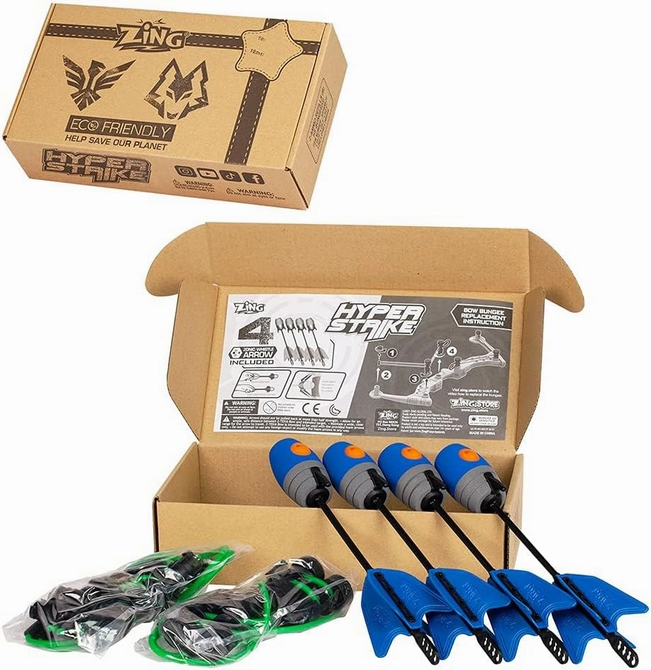 Zing HyperStrike Bow Bungee Replacement and Arrow Refill Pack - Includes 2 Green HyperStrike Bungee Sets and 4 Blue Zonic Whistling Arrows, Launches up to 250 Feet (Blue Arrows   Green Bungees)