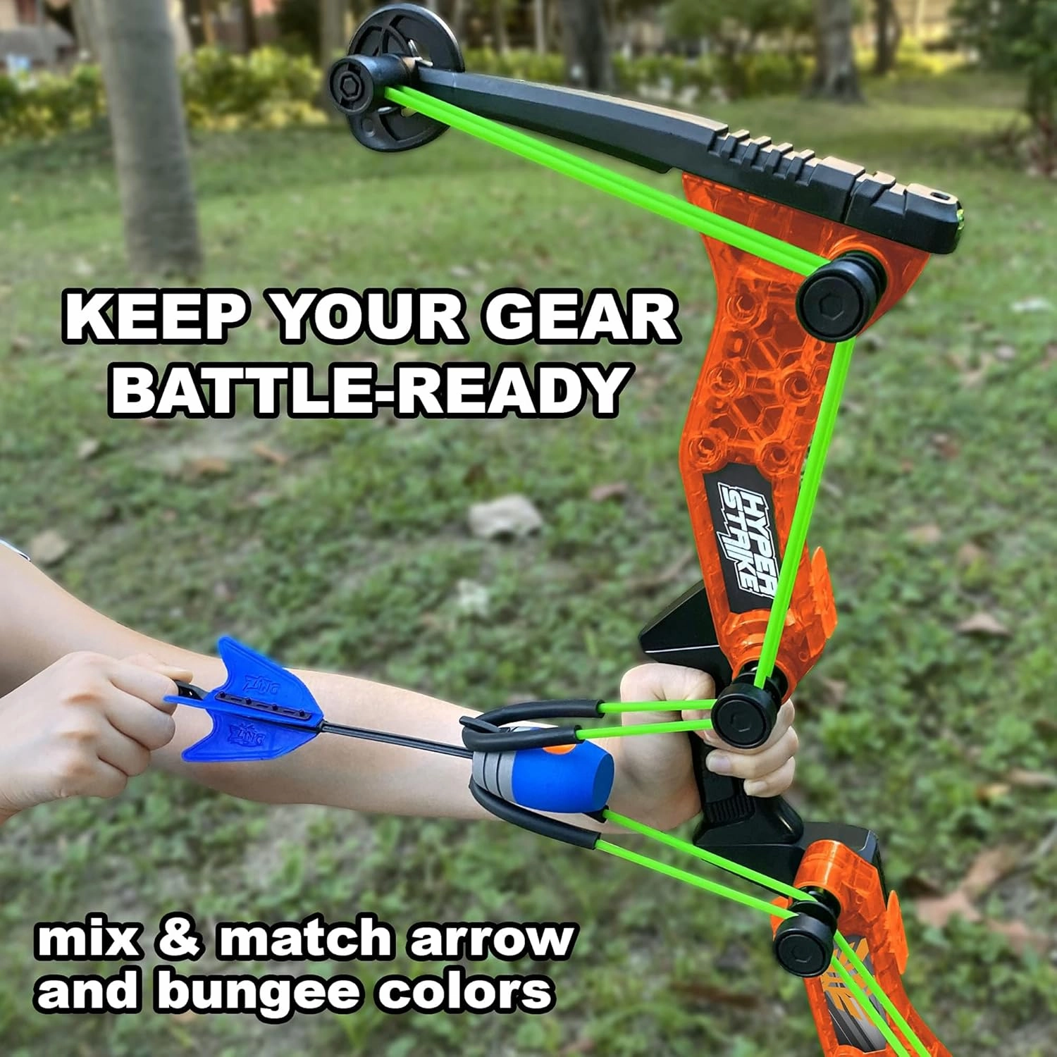 Zing HyperStrike Bow Bungee Replacement and Arrow Refill Pack - Includes 2 Green HyperStrike Bungee Sets and 4 Blue Zonic Whistling Arrows, Launches up to 250 Feet (Blue Arrows   Green Bungees)