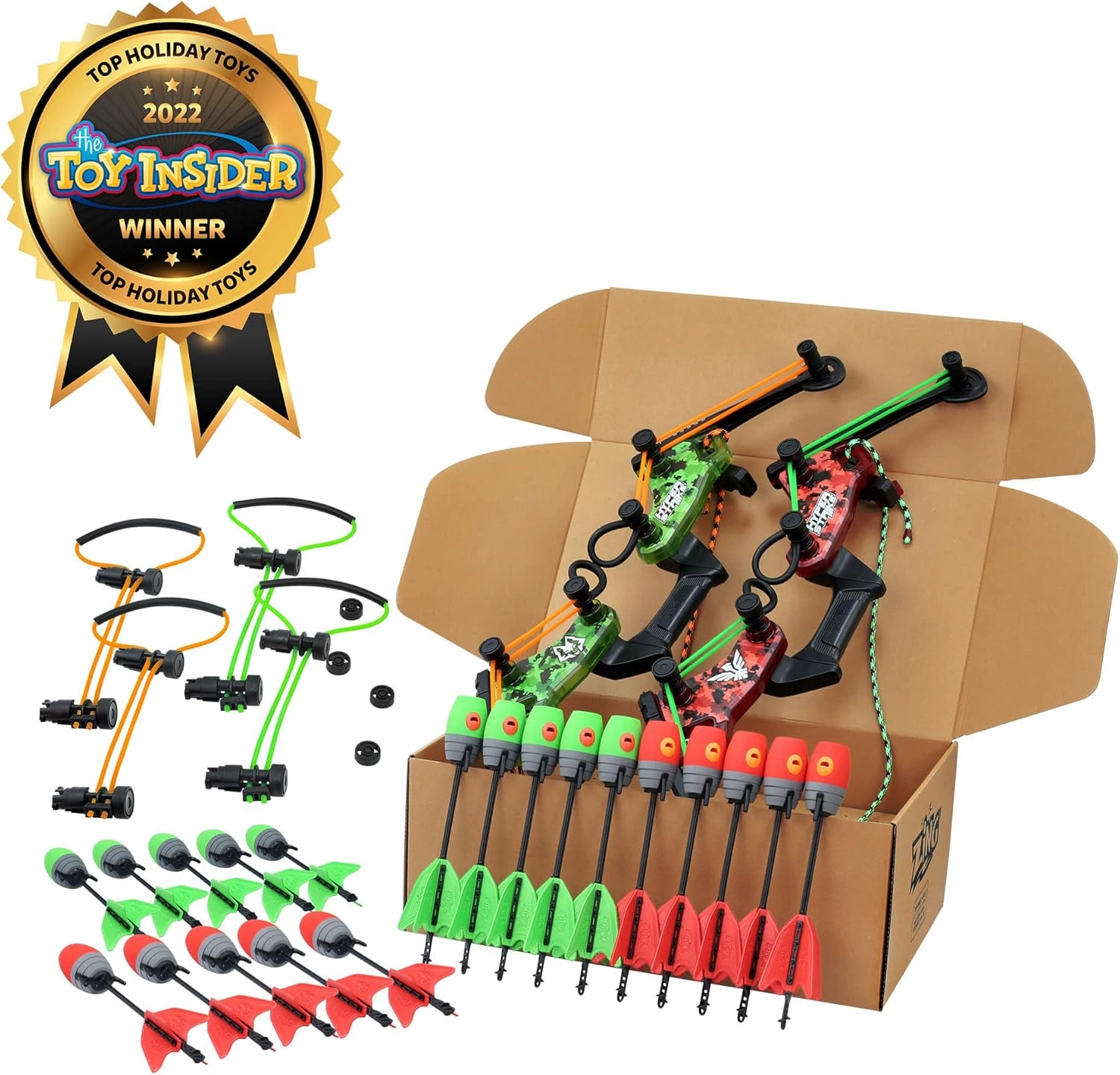 Zing HyperStrike Dominator Bow Battle Pack - 2 Dominator Bows, 20 Zonic Whistle Arrows, 2 Sets of Bungee Replacements, 2 Shoulder Straps and 4 Arrow Holders - Long Range Outdoor Play, Ages 14 and Up