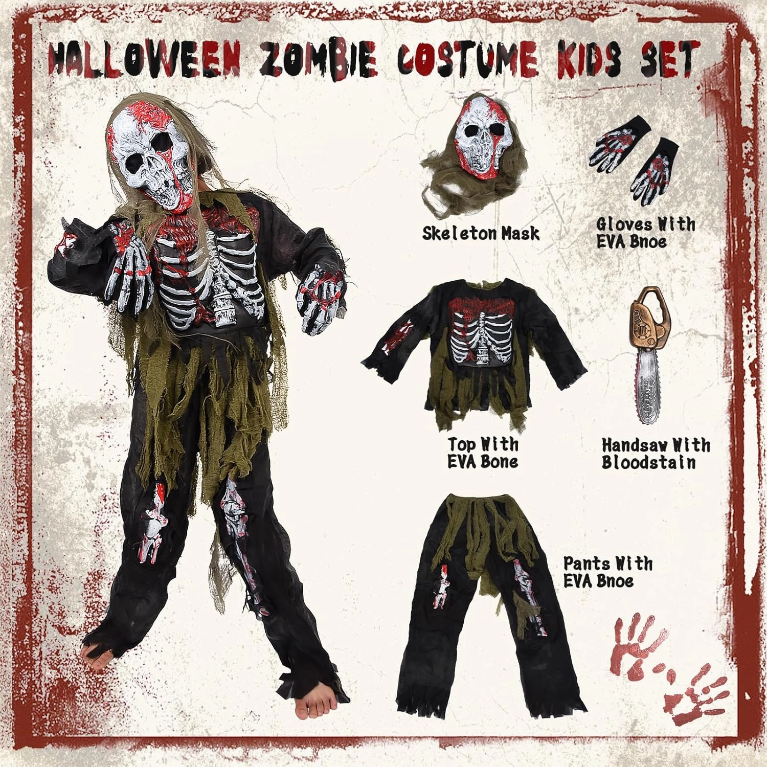 Zombie Costume Kids, Scary Halloween Skeleton Zombie Costume Set Kids Living Dead Zombie Costume With Chainsaw Toys