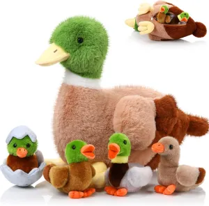 Zomiboo 5 Pcs Easter Duck Plush Set - Mama & 4 Baby Ducklings with Zipper Pouch, Soft Stuffed Animals for Kids, Easter Gifts & Family Toys(Mallard Duck)