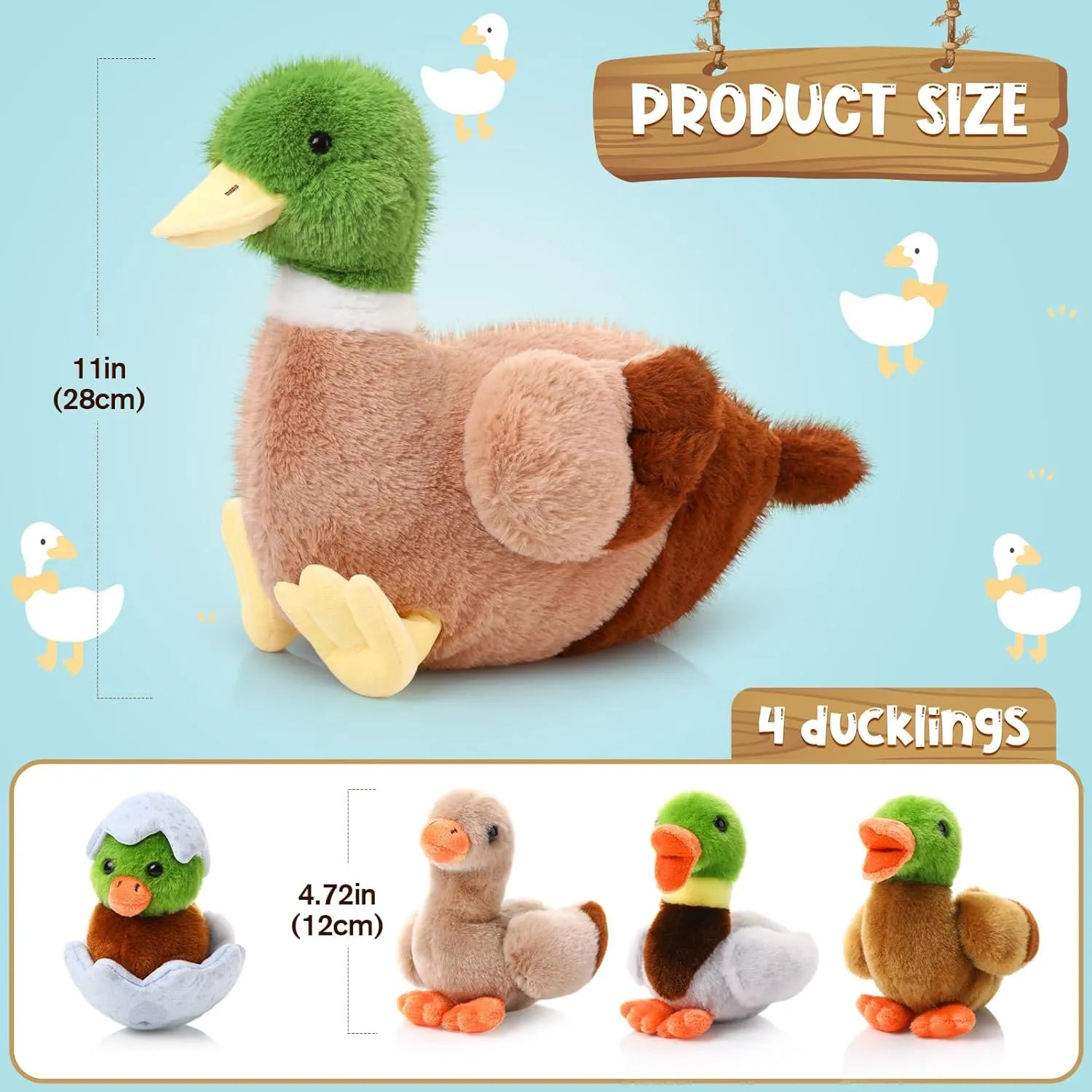 Zomiboo 5 Pcs Easter Duck Plush Set - Mama & 4 Baby Ducklings with Zipper Pouch, Soft Stuffed Animals for Kids, Easter Gifts & Family Toys(Mallard Duck)
