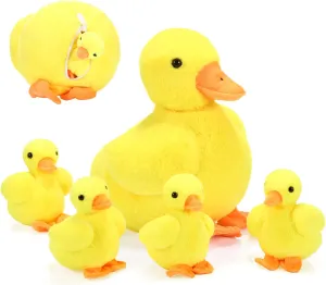 Zomiboo 5 Pcs Easter Duck Plush Set - Mama & 4 Baby Ducklings with Zipper Pouch, Soft Stuffed Animals for Kids, Easter Gifts & Family Toys(Yellow Duck)