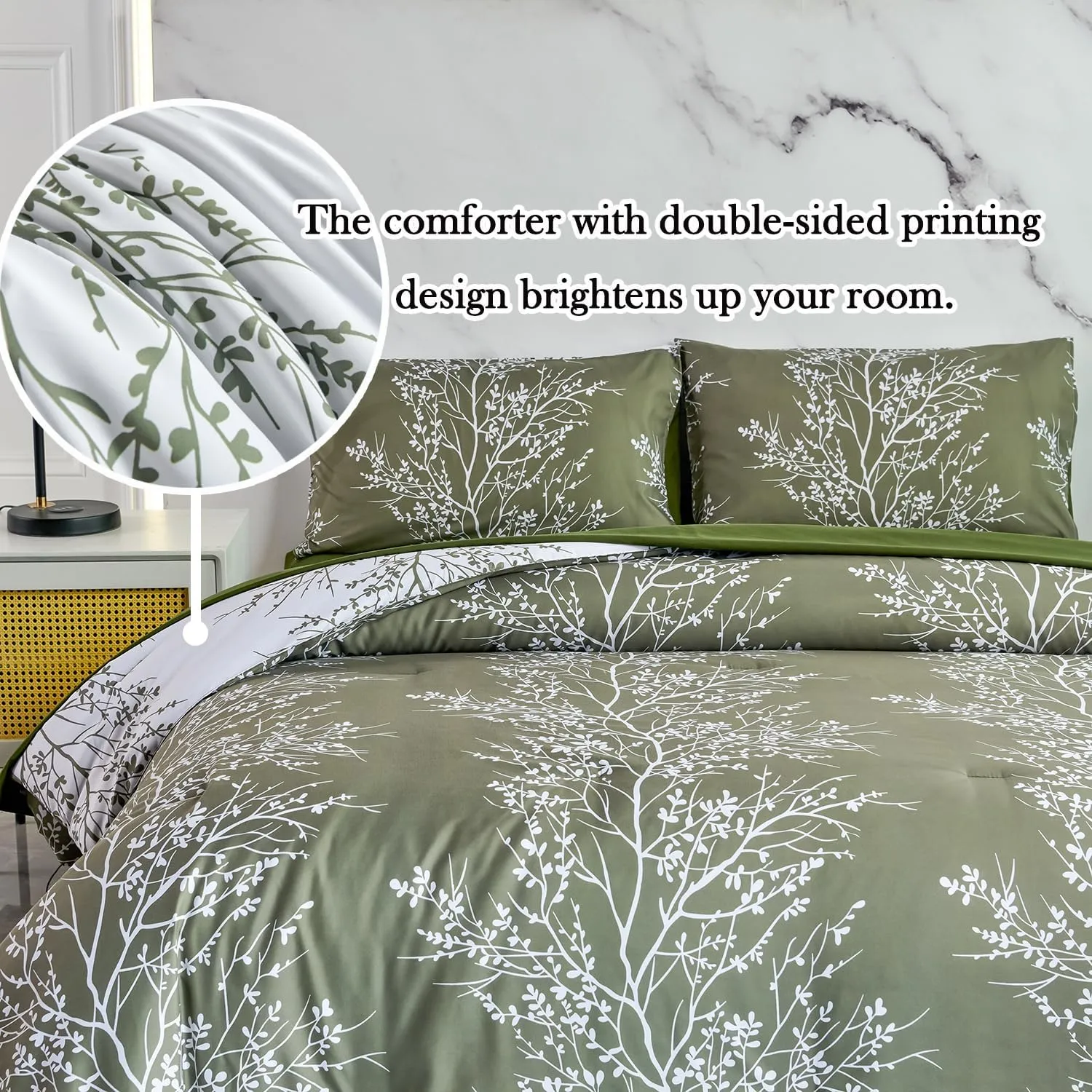 ZRNBAST Olive Green Comforter Set-5 Pcs Full Size Bedding Set Floral Branch Printed Bed in a Bag Comforter Set with Sheets Set-All Seasons (Olive Green, Full)