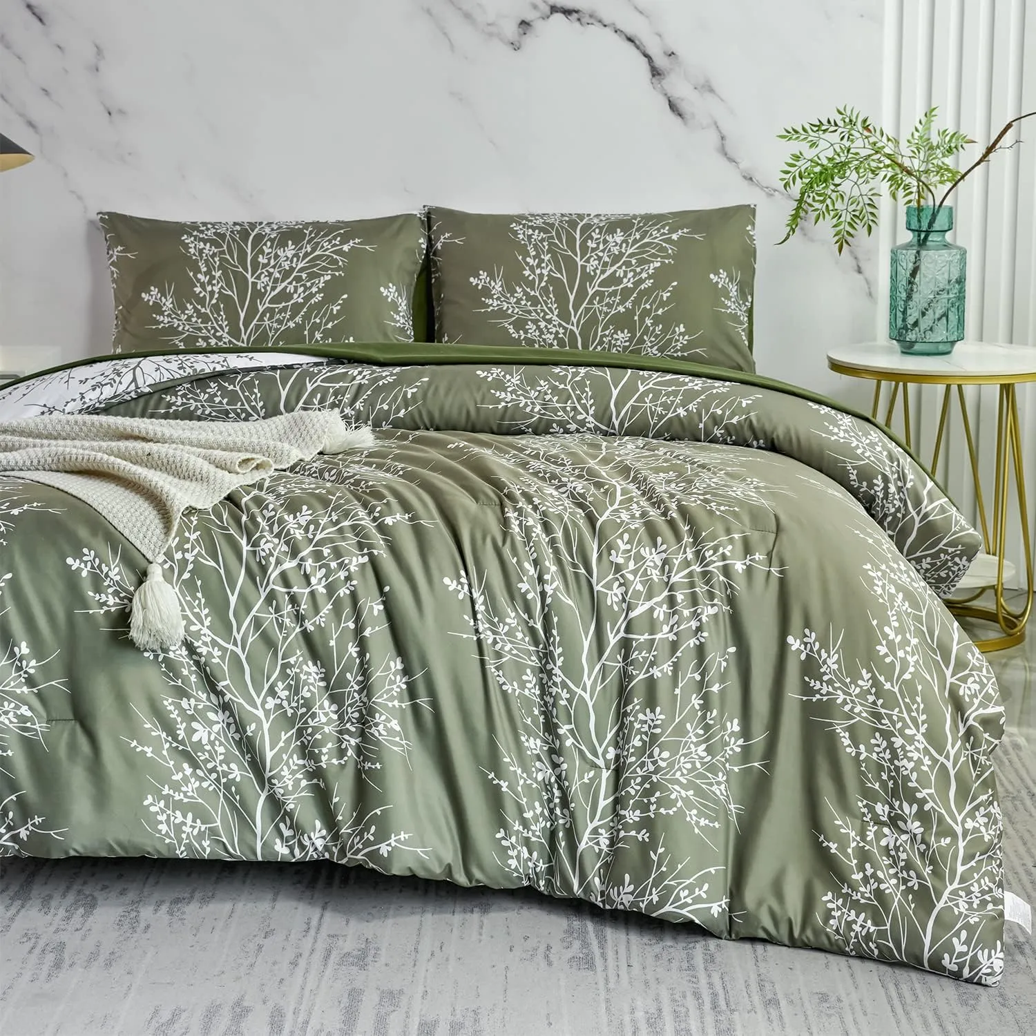 ZRNBAST Olive Green Comforter Set-5 Pcs Full Size Bedding Set Floral Branch Printed Bed in a Bag Comforter Set with Sheets Set-All Seasons (Olive Green, Full)