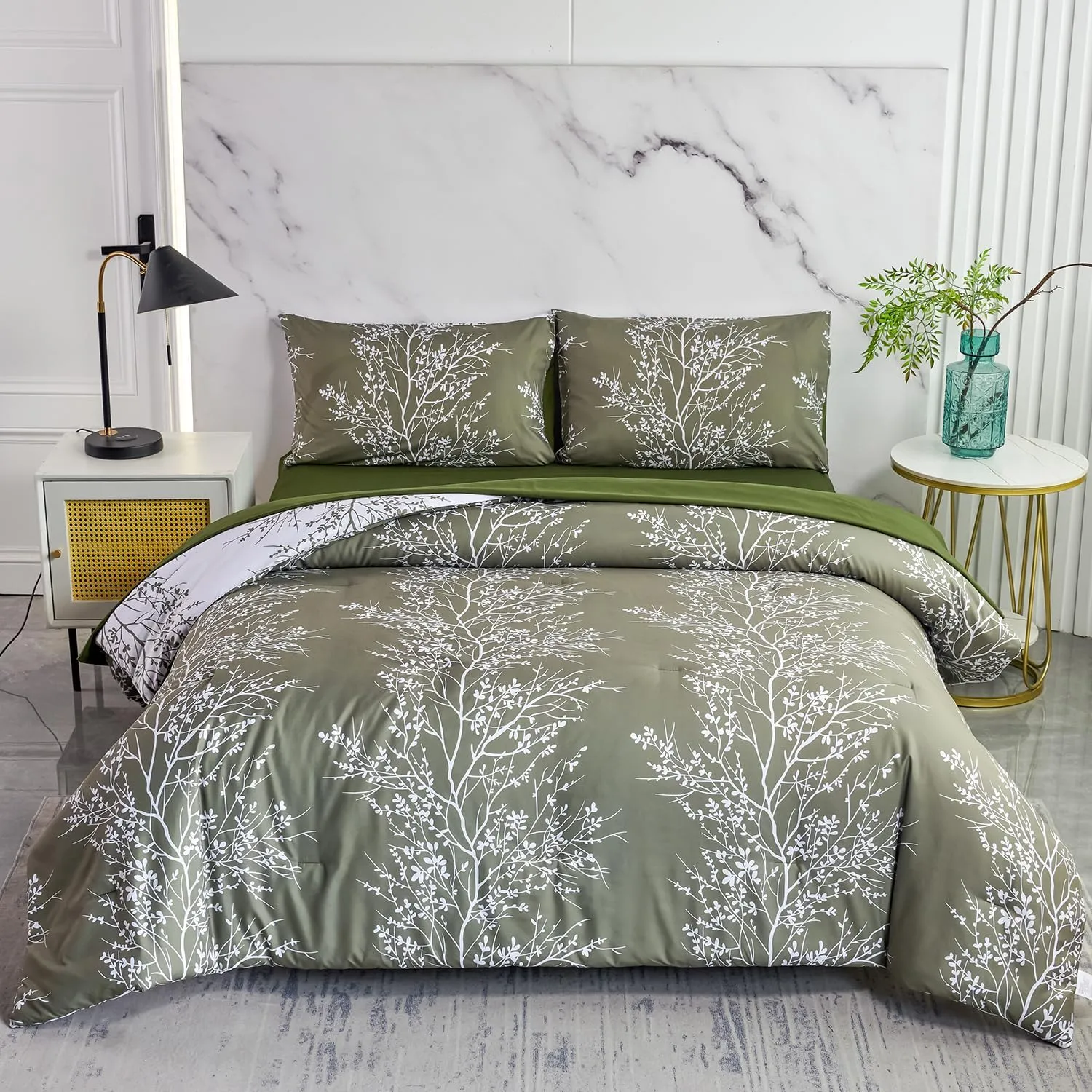 ZRNBAST Olive Green Comforter Set-5 Pcs Full Size Bedding Set Floral Branch Printed Bed in a Bag Comforter Set with Sheets Set-All Seasons (Olive Green, Full)