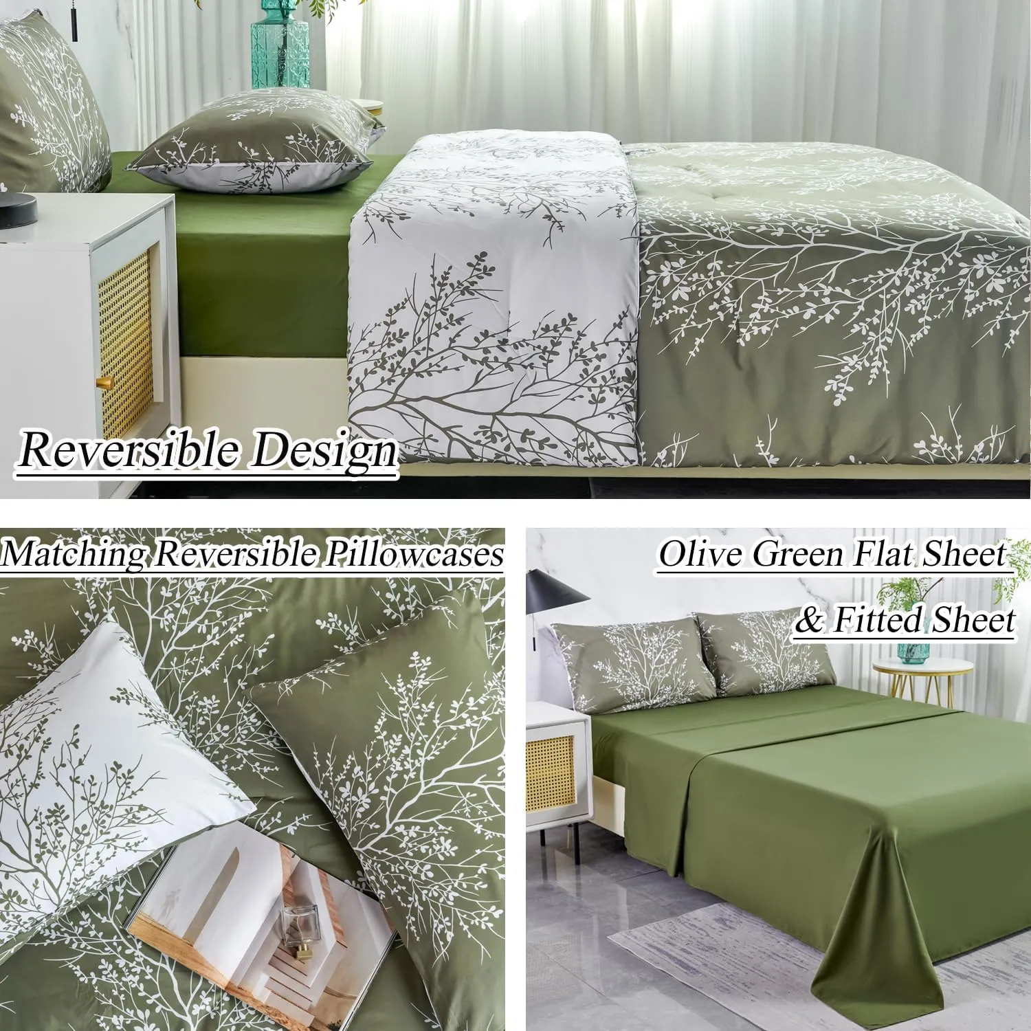 ZRNBAST Olive Green Comforter Set-5 Pcs Full Size Bedding Set Floral Branch Printed Bed in a Bag Comforter Set with Sheets Set-All Seasons (Olive Green, Full)