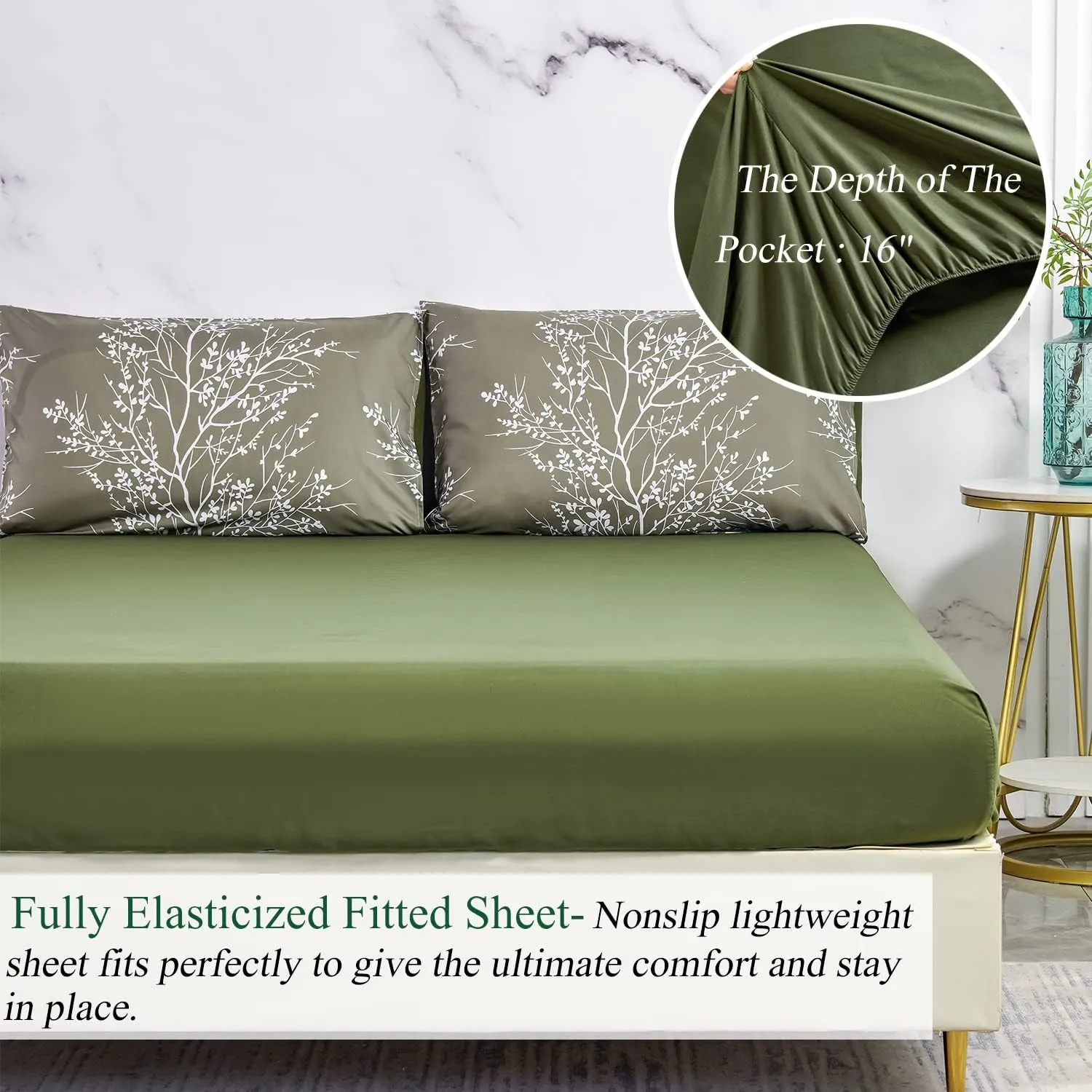 ZRNBAST Olive Green Comforter Set-5 Pcs Full Size Bedding Set Floral Branch Printed Bed in a Bag Comforter Set with Sheets Set-All Seasons (Olive Green, Full)