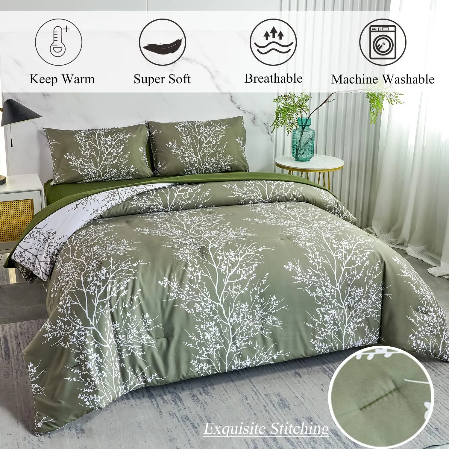 ZRNBAST Olive Green Comforter Set-5 Pcs Full Size Bedding Set Floral Branch Printed Bed in a Bag Comforter Set with Sheets Set-All Seasons (Olive Green, Full)