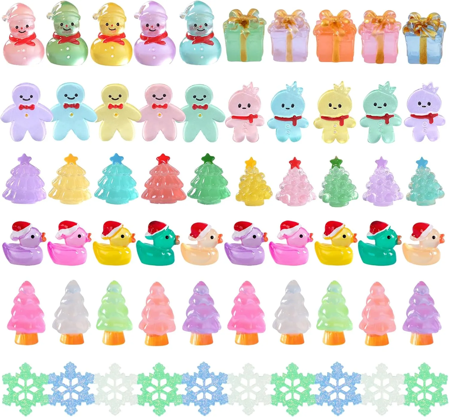 ZXSWEET 60 PCS Christmas Mini Resin Figures Glow in The Dark Miniature Figurines Aquarium Ornaments Charms for Garden Dollhouse Aquarium Home Christmas Snowflake Party